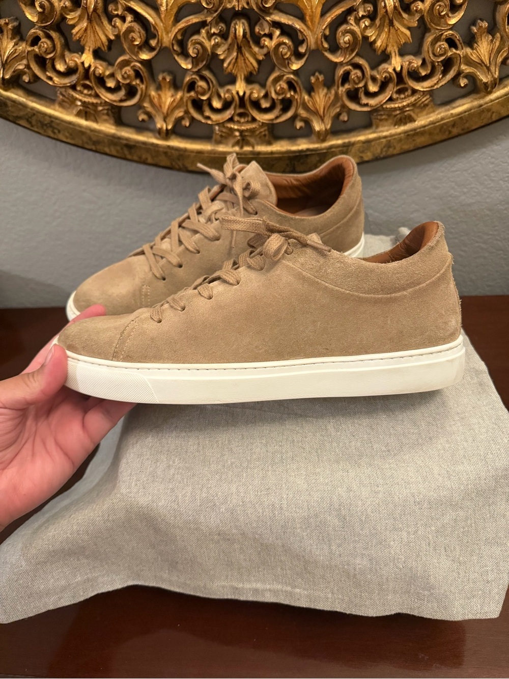 Aquatalia Men's Suede Sneaker in Tan with White Sole